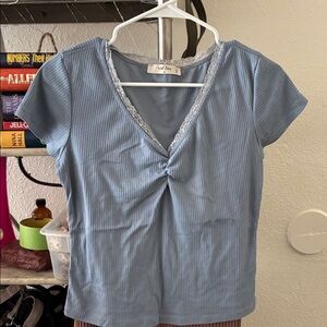 Not Your Basic V-Neck Ribbed Tee with Lace Trim - Light Blue